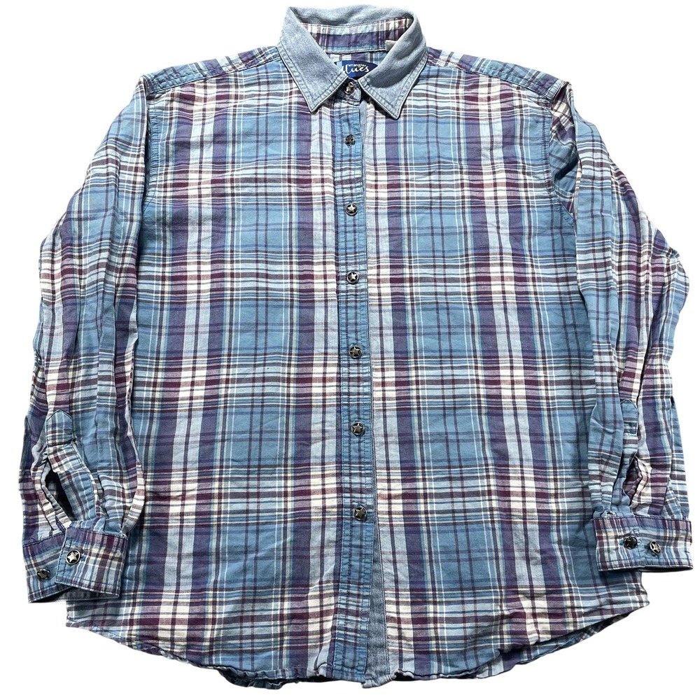Wrangler Blues Shirt Womens L Blue Plaid Star Button Long Sleeve Western Casual